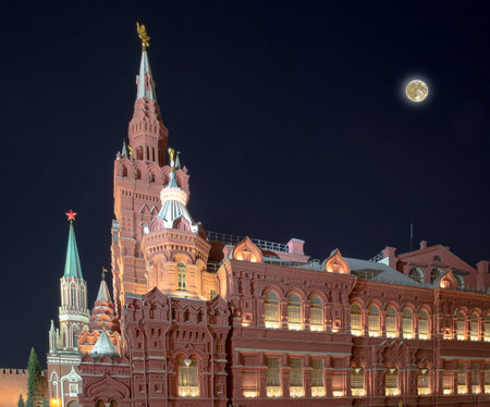 State Historical Museum at night, with the super moon. Moscow, Russiaの写真素材