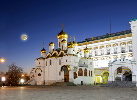 Cathedral of the Annunciation (Blagoveschensky cathedral) at night with the super moon. Cathedral Square, Inside of Moscow Kremlin, Russia. UNESCO World Heritage Siteの写真素材