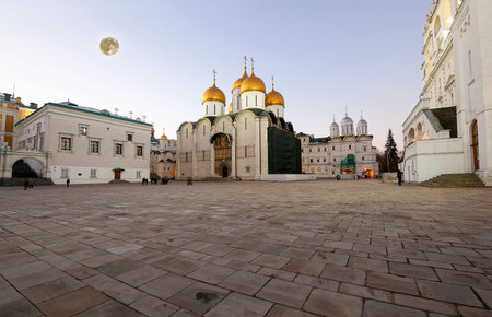 Assumption Cathedral (was the site of coronation of Russian tsars) at night, with the super moon. Cathedral Square, Inside of Moscow Kremlin, Russia. UNESCO World Heritage Siteの写真素材