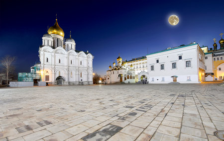 Cathedral Square at night with the moon, Inside of Moscow Kremlin, Russia. UNESCO World Heritage Siteの写真素材