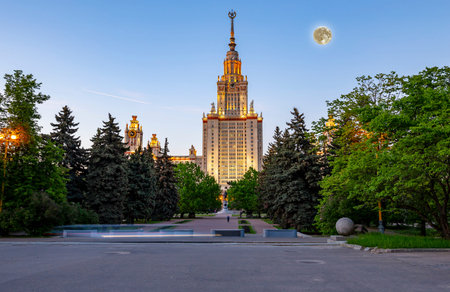 Lomonosov Moscow State University on Sparrow Hills (at night with the super moon), main building, Russia. It is the highest-ranking Russian educational institutionの写真素材