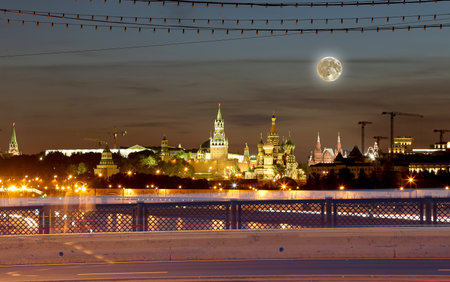 Kremlin (at night with the super moon), Moscow, Russia--the most popular view of Moscowの写真素材