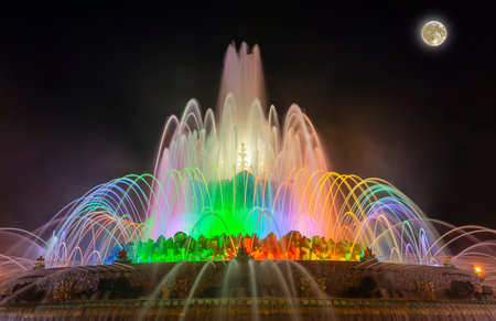 Fountain Stone Flower (at night with the super moon) at VDNKh in Moscow. VDNKh (called also All-Russian Exhibition Center) is a permanent general-purpose trade show in Moscow, Russiaの写真素材