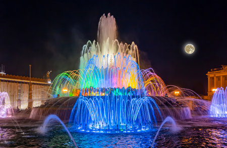 Fountain Stone Flower (at night with the super moon) at VDNKh in Moscow. VDNKh (called also All-Russian Exhibition Center) is a permanent general-purpose trade show in Moscow, Russiaの写真素材