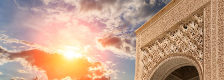 Arches in Islam (Moorish) style (against the sunset) in Alhambra, Granada, Spainの写真素材