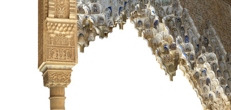 Arches in Islamic (Moorish) style (carved on white background) in Alhambra, Granada, Spainの写真素材