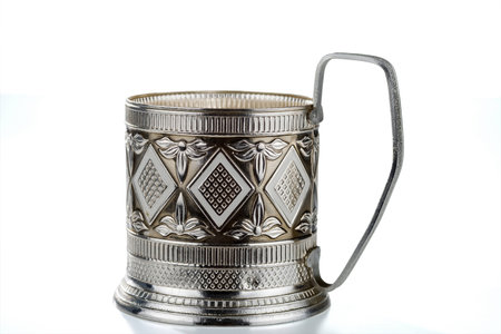 A metallic vintage cup holder with a pattern isolated on white background.の写真素材