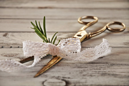 Rosemary with lace caught in the scissors