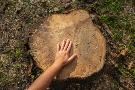 Sawn tree stamp. A woman's hand touches the surface of a cut treeの写真素材