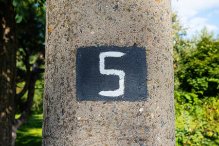 The number five stencil on the surface of a concrete pillar. Numeral 5 close-up white text on a...