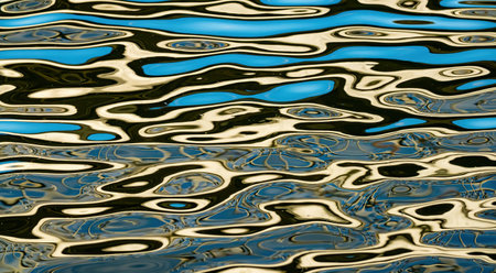 Reflection on the surface of the water. Curved white, blue and black lines. Ripples of light on the wavesの写真素材