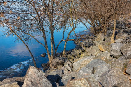 Rocky river bank with ice in the water and trees without leaves on a sunny dayの写真素材