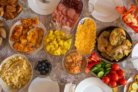 Table with many ready meals and food at home, top view