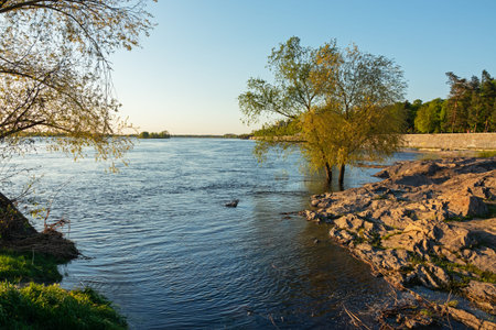 Granite rock on the bank of the Dnieper (Dnipro) river near the embankment in Kremenchuk city