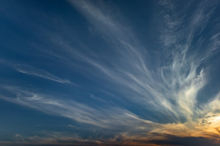 Cirrus cloud in the sky against the blue sky and sunset. natural sky background