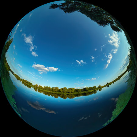 Wide angle view of a river with calm water on a summer day through a circular fisheye lensの写真素材