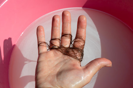 Hair on a woman's white hand after washing her hair in the shower. Alopecia - hair loss problemの写真素材