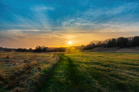Landscape with the setting Sun over a meadow with a dirt country road in Ukraine. Picturesque nature...