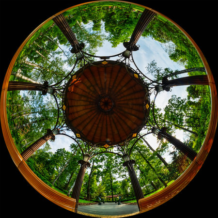 Panoramic view inside a gazebo in a garden or park. Circular fisheye 360Â° panorama. Wide-angle...