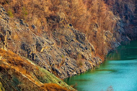 Rocky slope covered with trees. Slope of an old abandoned quarry with a lake