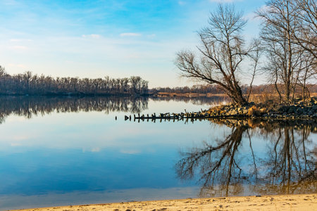 Dnipro river with trees on the banks. Landscape with wide Dnieper river on a sunny dayの写真素材