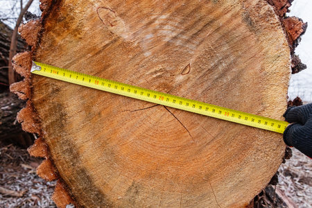 Measuring the diameter of a felled tree. Tree Trunk Cross Section and a tape measure with divisions in centimetersの写真素材