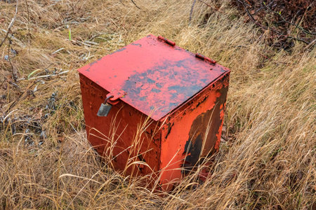 Iron square box closed with a padlock, standing on dry grass