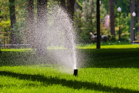 Irrigation sprinkler for watering the lawn. Flying splashes of water on green grass in park or garden. Hot summer sunny dayの写真素材