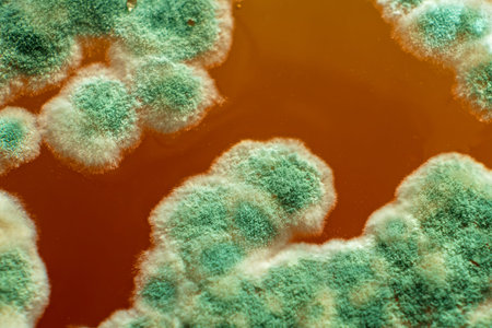 Macro photography of mold. Colony of mold close-up. Microbiology of mold growth on the surface of...