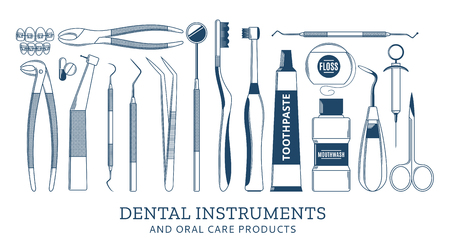Set of vector dental instrument and oral care icons and design elements isolated on white.のイラスト素材