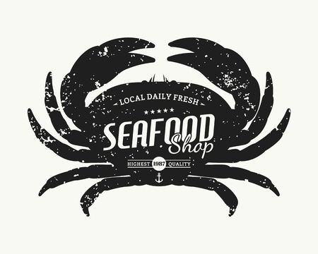 Retro styled crab silhouette seafood shop label, seafood design elements, seafood emblem templateのイラスト素材