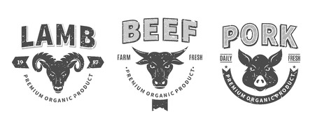 Set of retro styled butchery icon templates. Butchery labels with sample text.のイラスト素材