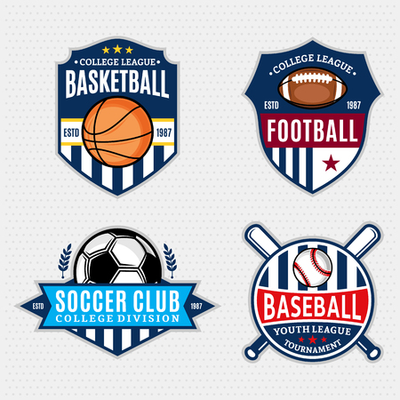 Set of sport team logo templates. Soccer, football, baseball, basketball labels with sample text. Sport icons for sport tournaments, organizations and apparel. Sport team identity.のイラスト素材