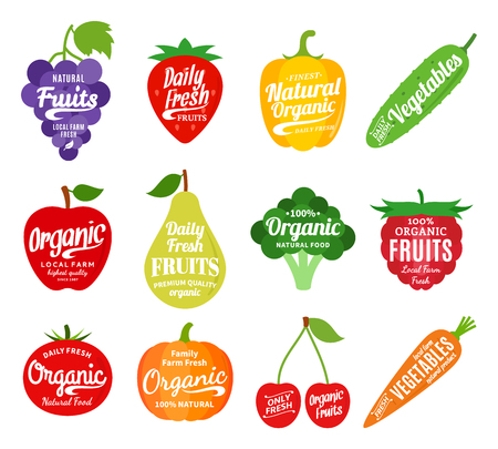 Vector fruit and vegetables logo. Fruit and vegetables silhouettes with lettering. Fruits and vegetables icons for groceries, agriculture stores, packaging and advertising. Vector labels design.のイラスト素材