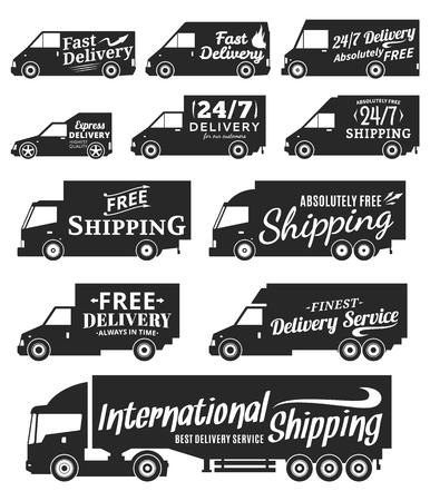 Vector delivery service labels. Commercial vehicles and delivery cars with sample text. Delivery cars icons collection for delivery and transportation company.のイラスト素材