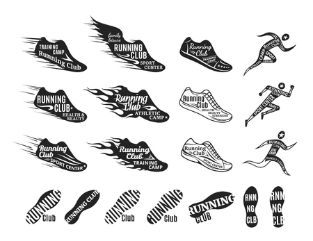 Set of running club logo templates. Running club labels with sample text. Running icons for sport tournaments, organizations and marathons. Vector logotype design.のイラスト素材