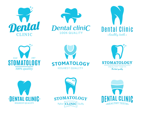 Set of dental clinic logo templates. Dental labels with sample text. Dental icons for stomatology, dentist and dental care clinics. Vector logotype design.のイラスト素材