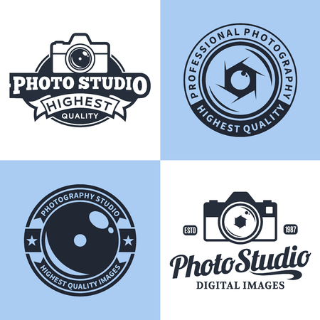 Vector photography logo templates. Photo studio logo. Photographer logo. Camera shutter, photo camera and lens badges, icons and design elements. Photo label design.のイラスト素材