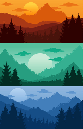 Mountains landscapes with trees, mountains, clounds and sky in various times of day vector illustrationのイラスト素材