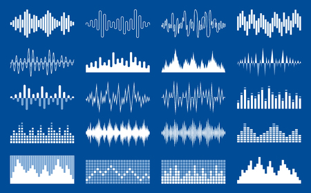 Set of vector white sound waves, equalizer and musical pulse iconsのイラスト素材