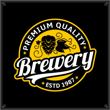 Vector white and yellow vintage brewery logo isolated on black background for 
brewing company branding and identityのイラスト素材