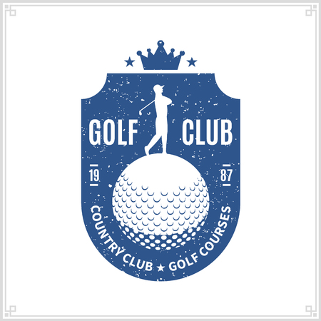 Retro styled vector blue golf country club logo with player and ball for golf tournaments, organizations and golf country clubsのイラスト素材