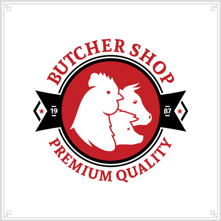 Butcher shop black and red logo with farm animal icons for groceries, food labels, meat stores, packaging and advertisingのイラスト素材