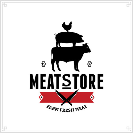 Butcher shop black and red logo with farm animals and knives for groceries, food labels, meat stores, packaging and advertisingのイラスト素材