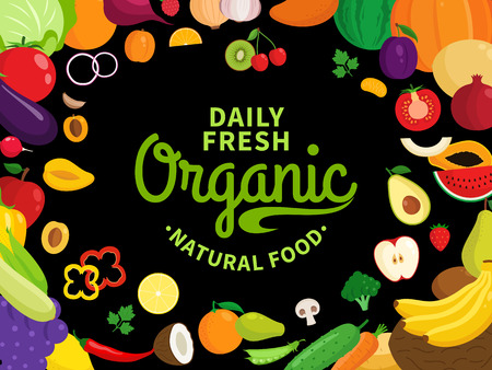 Vector vegetables and fruits illustration on black background. Fruits and vegetables icons for groceries.のイラスト素材