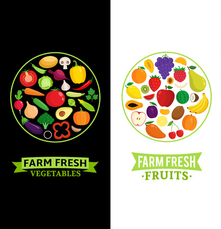 Vector vegetables and fruits badges. Fruits and vegetables icons for groceries, agriculture stores, packaging and advertisingのイラスト素材