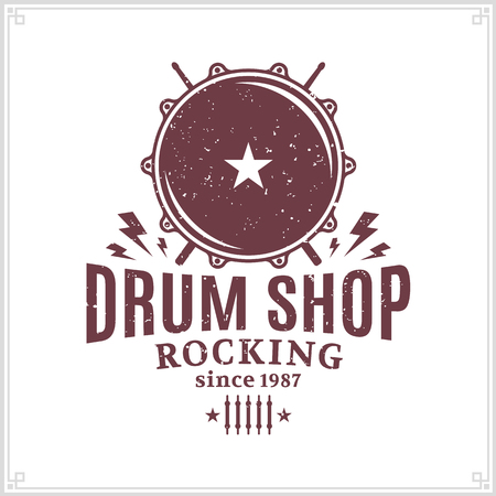 Vector drum shop logo. Music icon for audio store, branding, poster or t-shirt printのイラスト素材