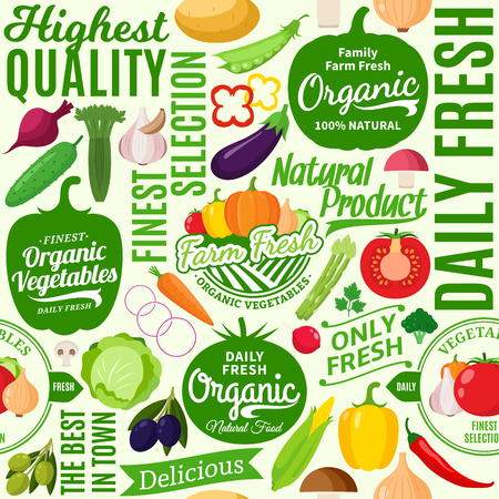 Vector vegetables seamless pattern or background. Vegetables icons and design elements for groceries, agriculture stores, packaging, menu and advertisingのイラスト素材