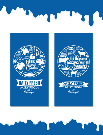 Vector dairy foods and beverages banners. Milk products icons collection for grocery, agriculture store, packaging and advertisingのイラスト素材