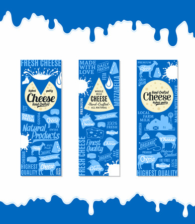 Vector cheese banners set. Milk and cheese icons and splashes for grocery, agriculture store, packaging and advertisingのイラスト素材